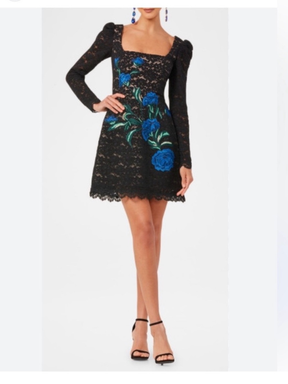 Helsi Sam Mini Dress Size XS Black Lace Blue Floral Embroidered Lace Boho Chic